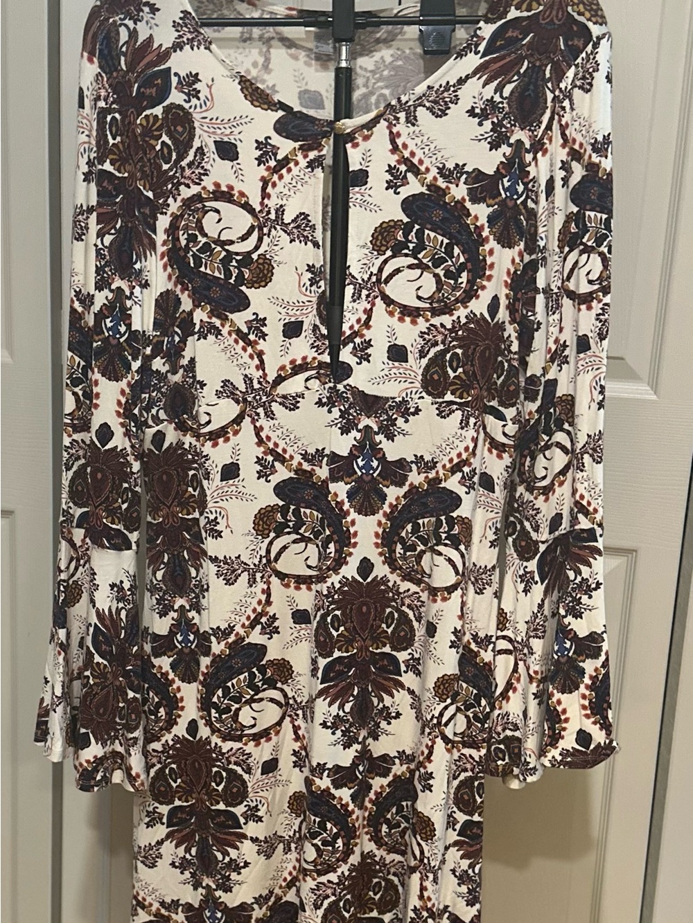 VENUS Cream Paisley Keyhole Long Sleeve Dress with Bell Sleeves